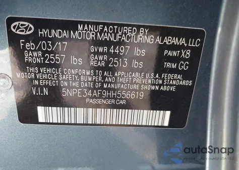 2017 Hyundai Sonata Sport из США, поврежденный, VIN 5NPE34AF9HH556619